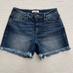 Zenana Outfitters Dark Blue Frayed Hem Denim Jean Shorts